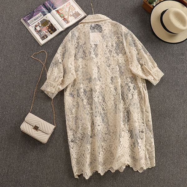 

women's fur & faux fashion new women full sleeve hollow out small fresh casual style loose coat 2021 summer zip lace embroidery be, Black