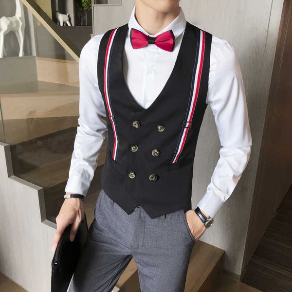 

vests for men double breasted casual slim fit vest mens waistcoat dress business wedding tuxedo nightclub clothes gilet homme 210527, Black;white