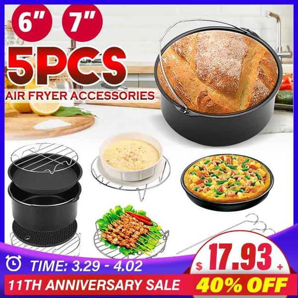 

air fryers 5pcs 6/7 inch fryer accessories cake pizza cage steaming frame grill insulation pad for all airfryer 3.7 4.2 5.3 5.8qt