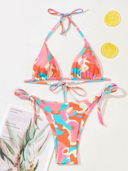 

camo print triangle tie side bikini swimsuit f76h#, White;black