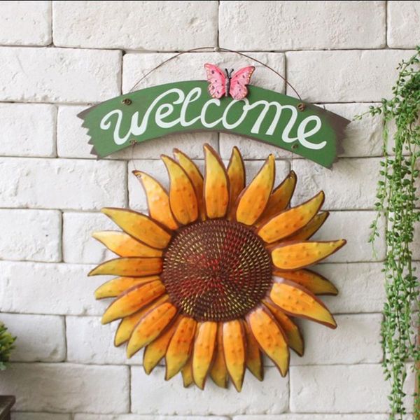 

door hanging outdoor iron butterfly sunflower welcome sign garden painting retro wall art indoor home decor --m25 decorations
