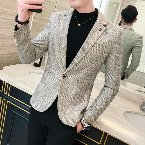

men's suits & blazers business casual men plaid tuxedos blazer jacket slim fit wedding for brown, White;black