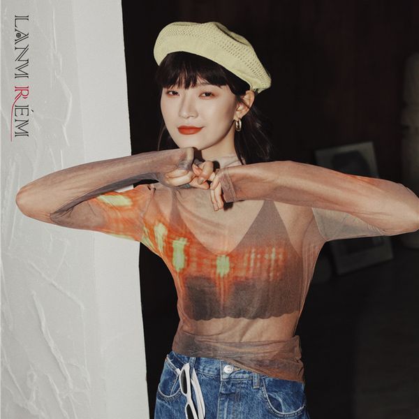 

transparent t shirt with suspender summer slim o-neck yellow mesh shirts women clothing 2d1165 210507, White
