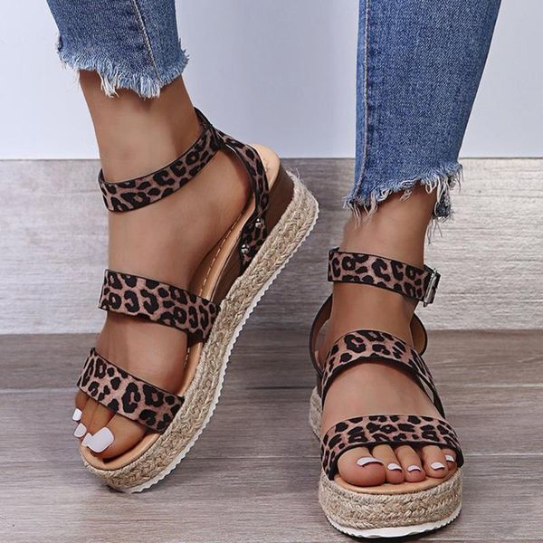 

summer women's sandals muffin heel buckle leopard pattern rope slope outdoor platform sandalias dress shoes, Black