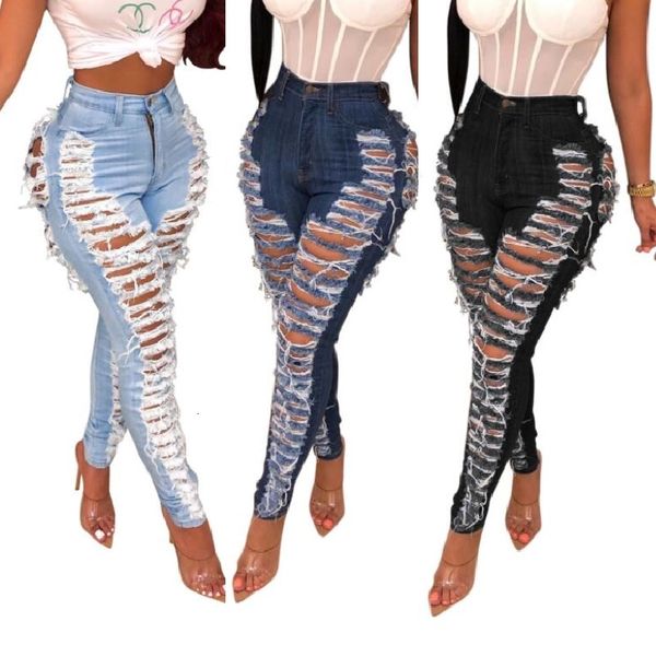 

women's jeans jeans will see high waist ripped with elastic hole, tight pencil pants. 61kn, Blue