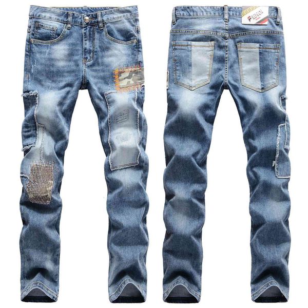 

jeans fashion brand stretch embroidered hole patch splicing light blue men's