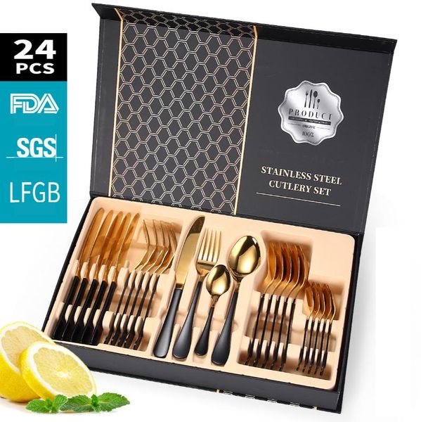 

dinnerware sets 24pcs black gold tableware set fork spoon knife 18/10 stainless steel cutlery dinner holiday wood gift box