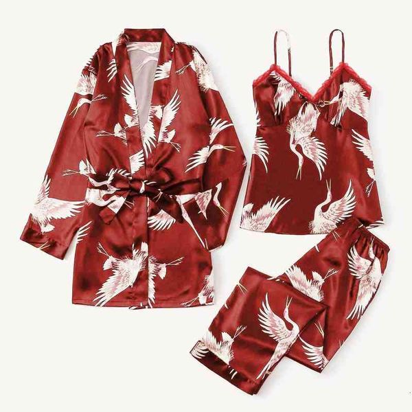 

women pajamas satin silk kimono robe set crane print sleepwear casual home clothes nightgown underwear homewear 3pc pyjama, Black;red