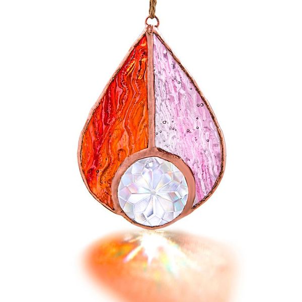 

h&d stained glass teardrop suncatcher rainbow maker window wall hanging ornament collectible home garden decor gift (red & pink) decorations