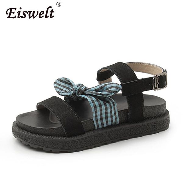 

women summer wild bow thick female sandals flat comfortable shoes solid spring ladies fashion casual, Black