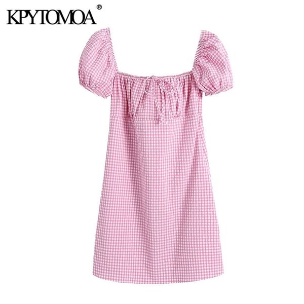 

women sweet fashion with tied check mini dress puff sleeve back smocked elastic female dresses vestidos 210420, Black;gray