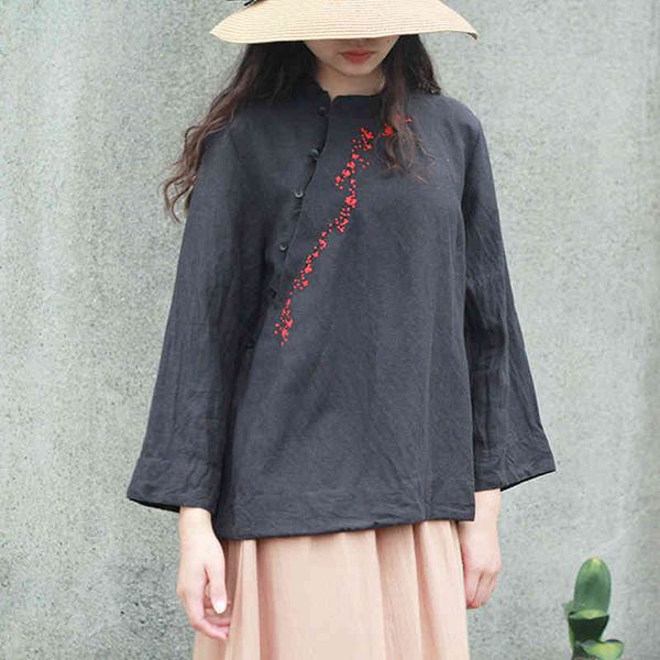 

johnature women vintage embroidery shirts ramie chinese style blouses autumn button loose women clothes shirts and 210521, White