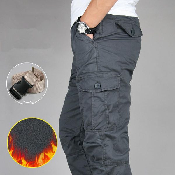 

men's pants cotton fleece warm men cargo for winter mens joggers windbreaker overalls military tactical with belt 6xl, Black