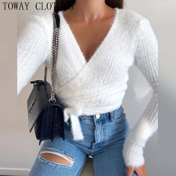 

women's sweaters women v-neck fluffy wrap plain long sleeve daily sweater, White;black