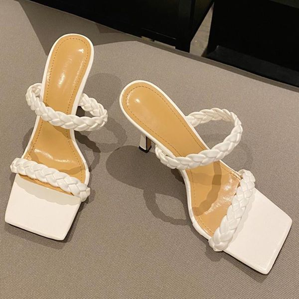 

summer fashion women mules 8.5cm high heels weave slippers pink sandals square head open-toed quality slide party shoes, Black