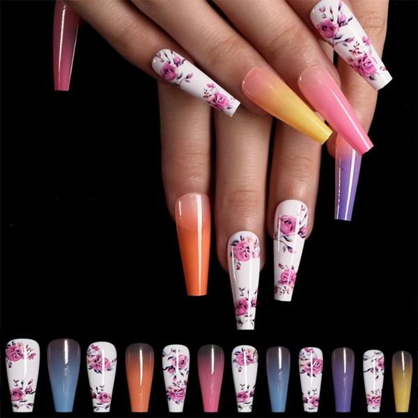 

false nails 24pcs/box detachable long ballerina wearable coffin fake full cover nail tips manicure tool, Red;gold