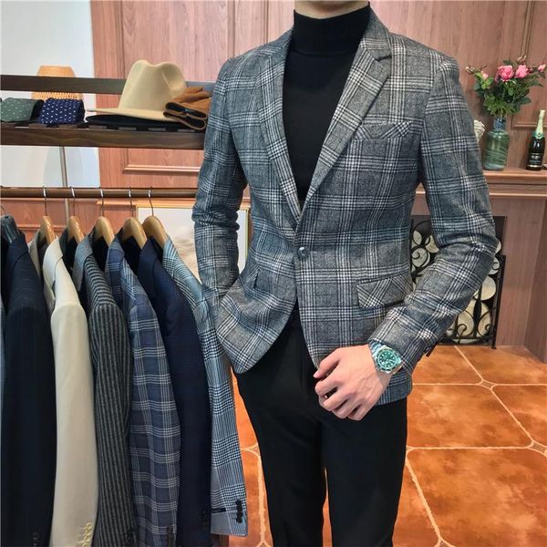 

men's suits & blazers houndstooth suit jacket, fashionable khaki, gray, flat collar, 50% wool material, high-end business gentlemen men, White;black