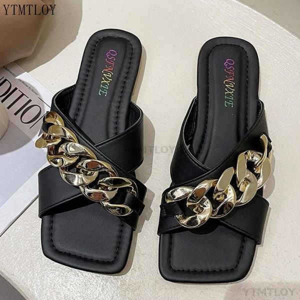 

fashion metal chain women slippers open toe flat vacation beach sandals zapatillas casa mujer sapatos femininos, Black