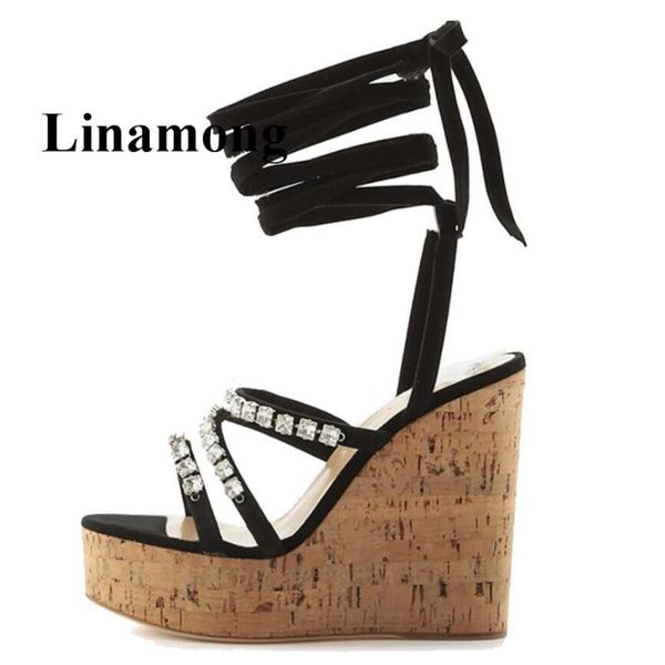 

est wood grain wedges fashion platform high heel open toe slingback lace up summer crystal women sandals normal size dress shoes, Black