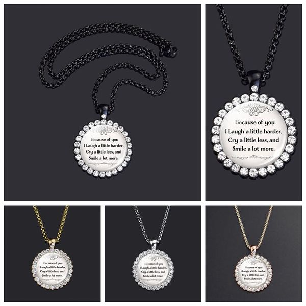

friend quote necklace "because of you i laugh a little harder, cry less" friendship round rhinestone pendant necklaces, Silver