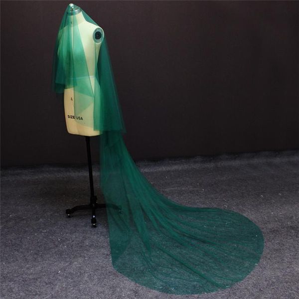Véus nupciais verde uma camada 3 metros vestido de casamento tule belo véu