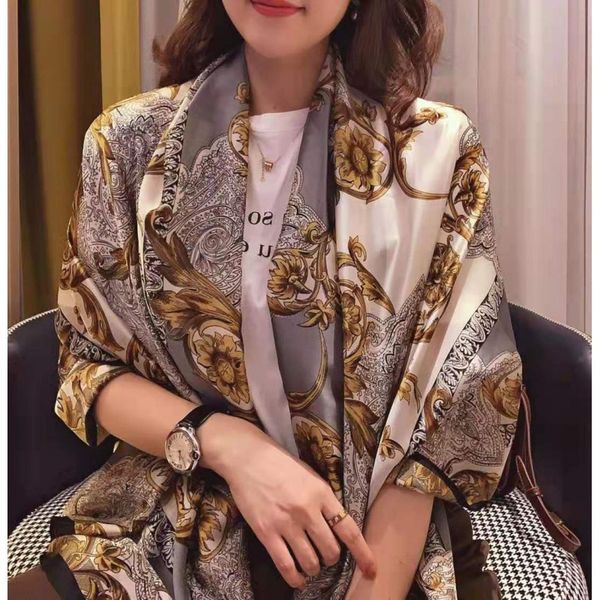 

trendy fashion spring and summer high-end imitation silk scarf women scarfs printing gifts custom ethnic shawl beach towel outdoor travel st, Blue;gray