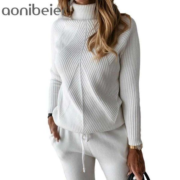 

autumn winter women tracksuit solid striped turtleneck sweater pullover elastic trousers suits knitted two piece sets 210604, White