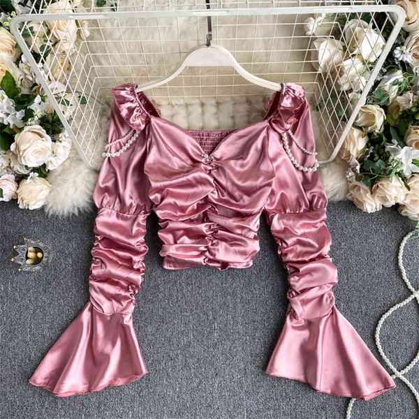 

women fashion high street pleated short female square neck long flare sleeve pearl shirt blouse p541 210730, White