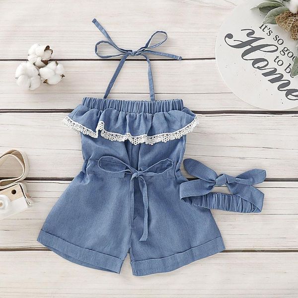 

clothing sets toddler kids baby girl clothes set lace belt denim bodysuit romper suspender headband summer outfit infant 1-6y, White