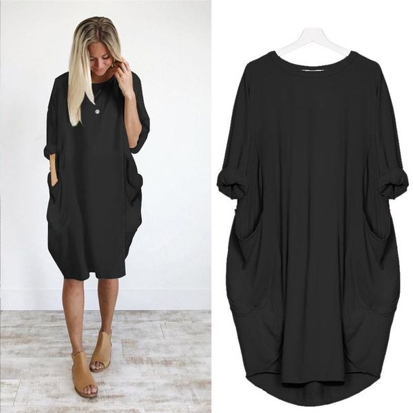 

casual dresses spring autumn women's fashion pocket loose dress lady o neck long girl female shirt 2021, Black;gray