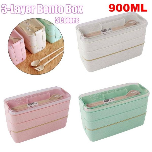 

dinnerware sets 3-layer wheat straw bento box two grid lunch with spoon fork eco-friendly leakproof microwave container 900ml