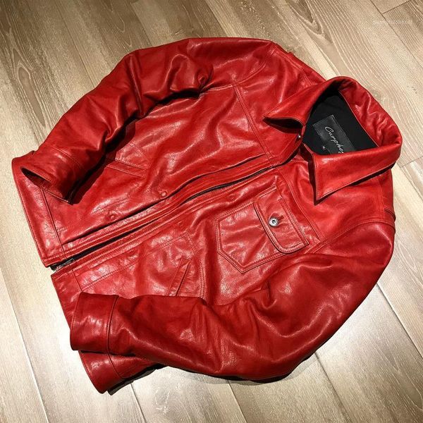 

men's leather & faux vegetable tanned batik red zip pocket genuine clothes thick cow jacket, Black
