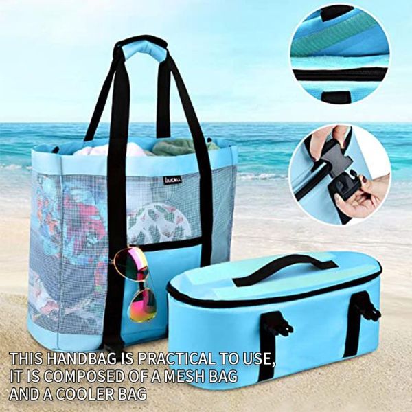 

storage bags 2-in-1 beach bag mesh tote handbag insulated cooler summer vacation walking picnic sundries