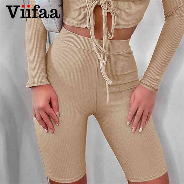 VIIFAA Ribbed Knit Skinny Biker Shorts para Mulheres Esportivo Jogger Verão Primavera Sólida Casual Senhoras 210719