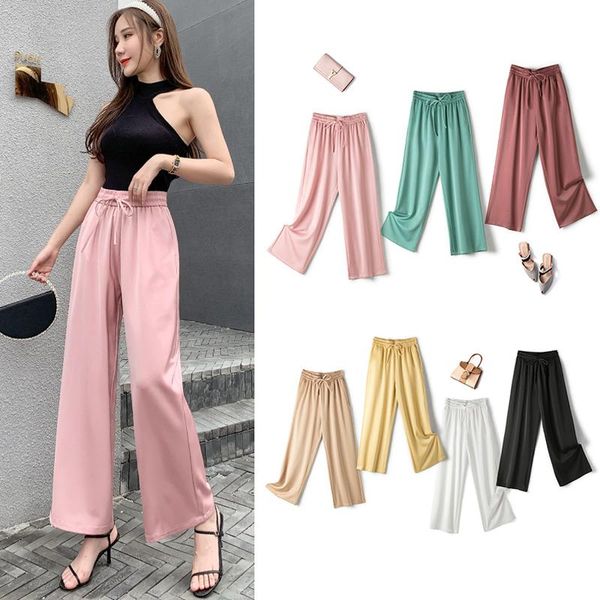 

women's pants & capris korean elegant bandage summer drape wide leg women 2021 high waist loose straight tube casual long female trouse, Black;white