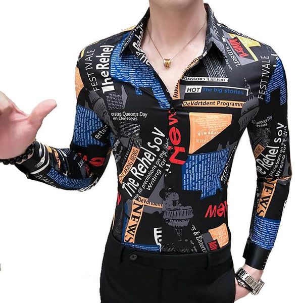 

men's casual shirts 2021 spring letter print shirt men long sleeve dress british camisa masculina slim streetwear social clothing, White;black