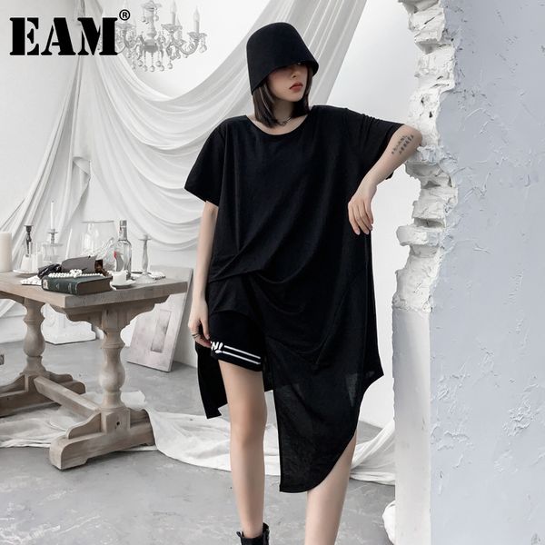 

[eam] women black big size asymmetrical dress round neck short sleeve loose fit fashion spring summer 1dd7647 21512, Black;gray