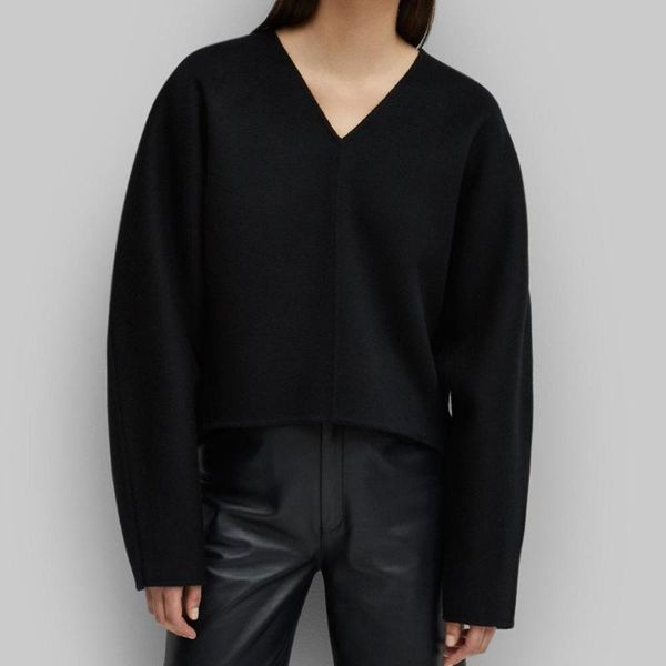 

women's sweaters [elfstyle] - woman drop shoulder oversized sweater black v-neck wool blend short long sleeves twisted seam, White;black