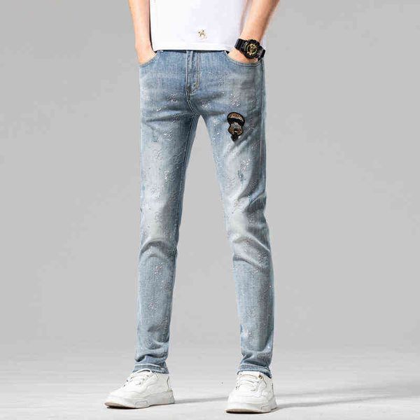 

and spring summer thin men's jeans korean light blue elastic small feet slim little lao foye