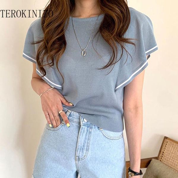 

women's t-shirt terokinizo korean chic t shirts camisetas mujer o neck short sleeve summer knitted slightly transparent casual tshirts, White