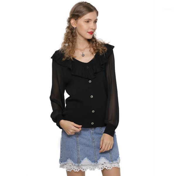 

women's sweaters flounces solid round collar 2021 sweet knitted long sleeve fashion light pullover cotton design, White;black