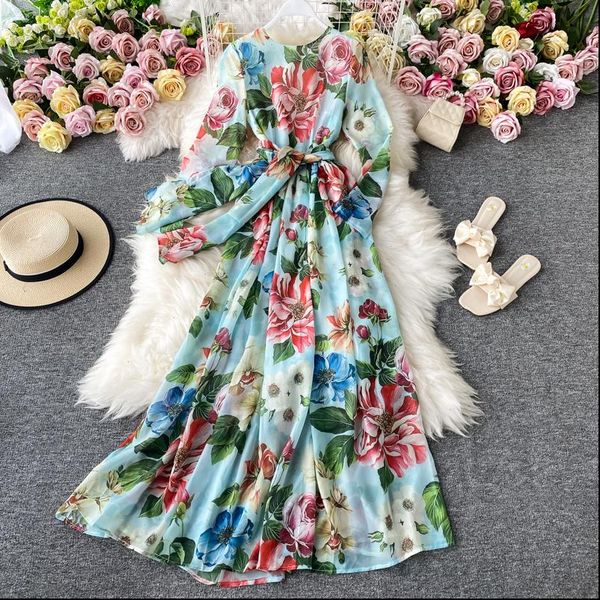 

autumn women dress floral print long bohemian high waist o neck beach maxi dresses female robe mujer, Black;gray