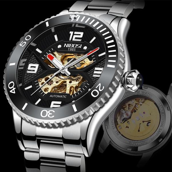 

wristwatches nibosi 2021 automatic watch for men montre homme waterproof busin sport hanical rgio masculino, Slivery;brown