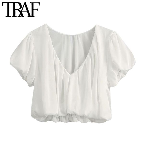 

traf women fashion elastic trims cropped blouses vintage v neck short sleeve female shirts blusas chic 210415, White