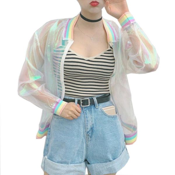 

women's jackets harajuku summer women jacket laser rainbow symphony hologram basiccoat clear iridescent transparent bomber sunproof, Black;brown