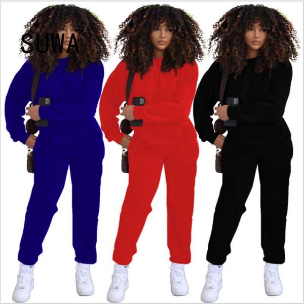 

women's two piece pants autumn women dark long-sleeved pullover elastic waist trousers street fashion casual slim set, White