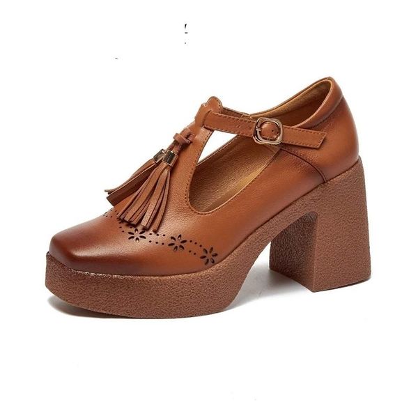 

dress shoes genuine leather high heels thick bottom solid preppy style hollow printing tassel buckle straps women pumps l32, Black