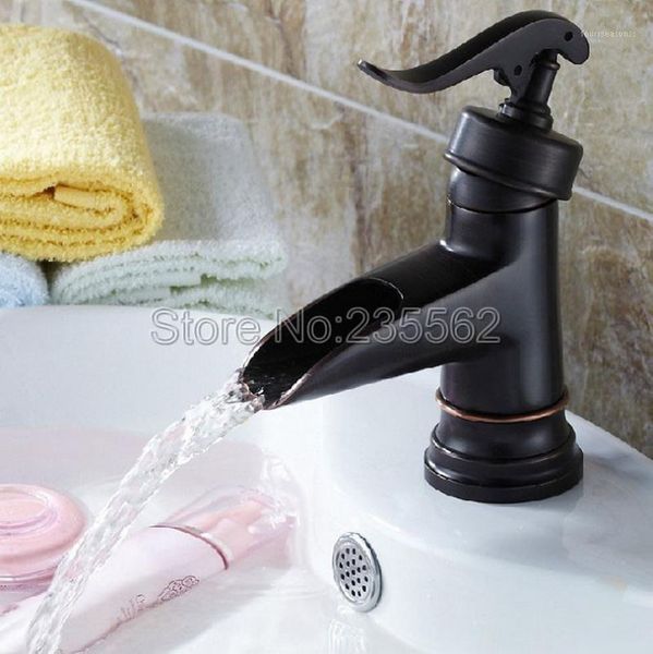 

bathroom sink faucets black oil antique brass single handle waterfall spout faucet basin mixer taps lnf2981