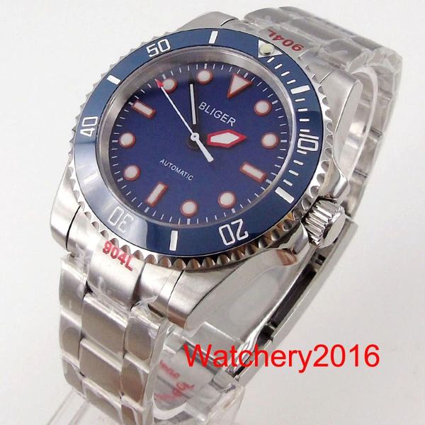 

wristwatches 40mm bliger blue dial sapphire glass green luminous hand ceramic bezel nh35 miyota 8215 mingzhu automatic movement men's w, Slivery;brown
