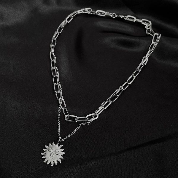 

minimalist metal smile sun pendant necklace for women ladies silver color alloy double layering linked chain chokers necklaces